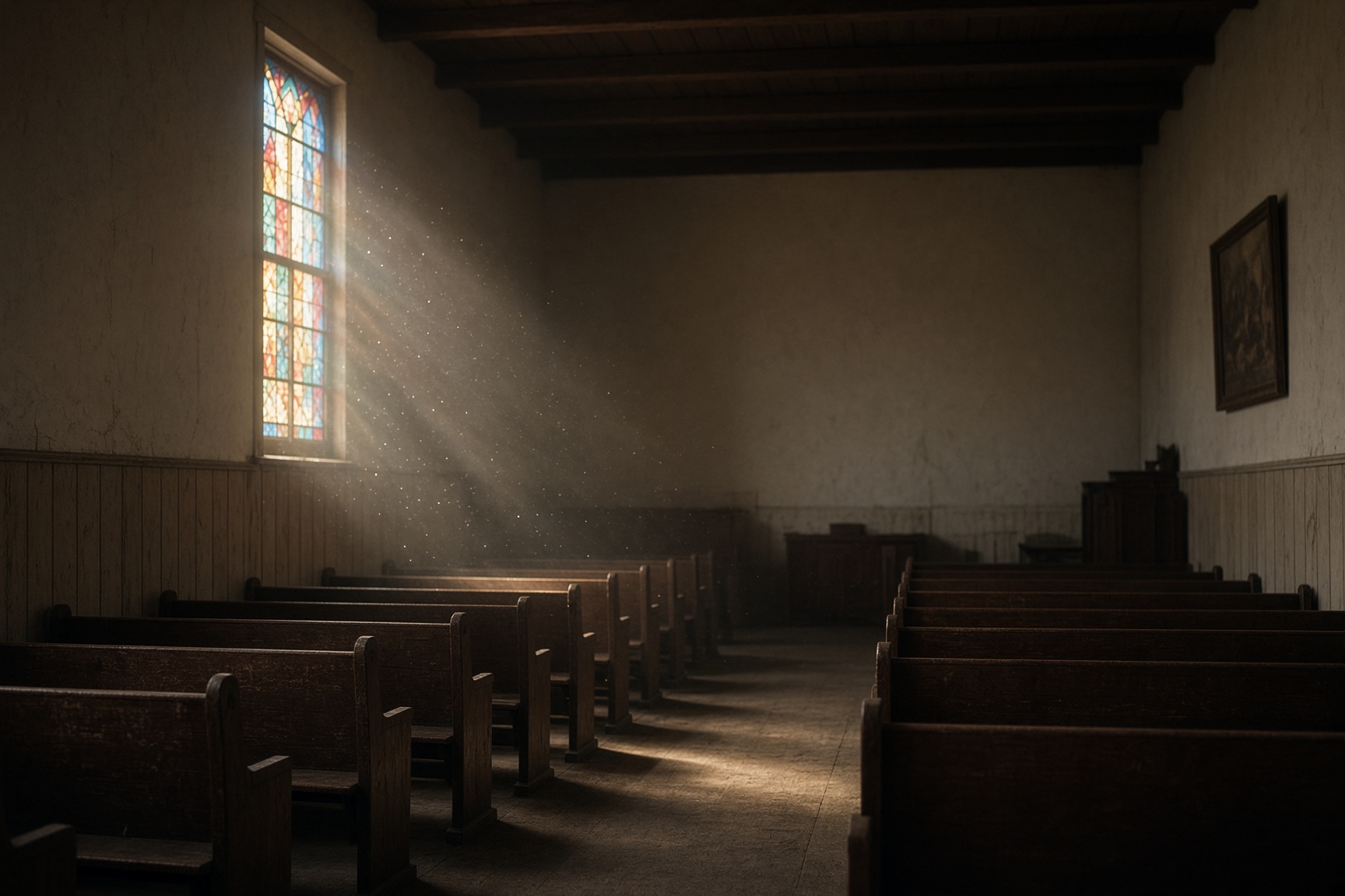 An empty wooden country church, dust hanging in a shaft of colored window light