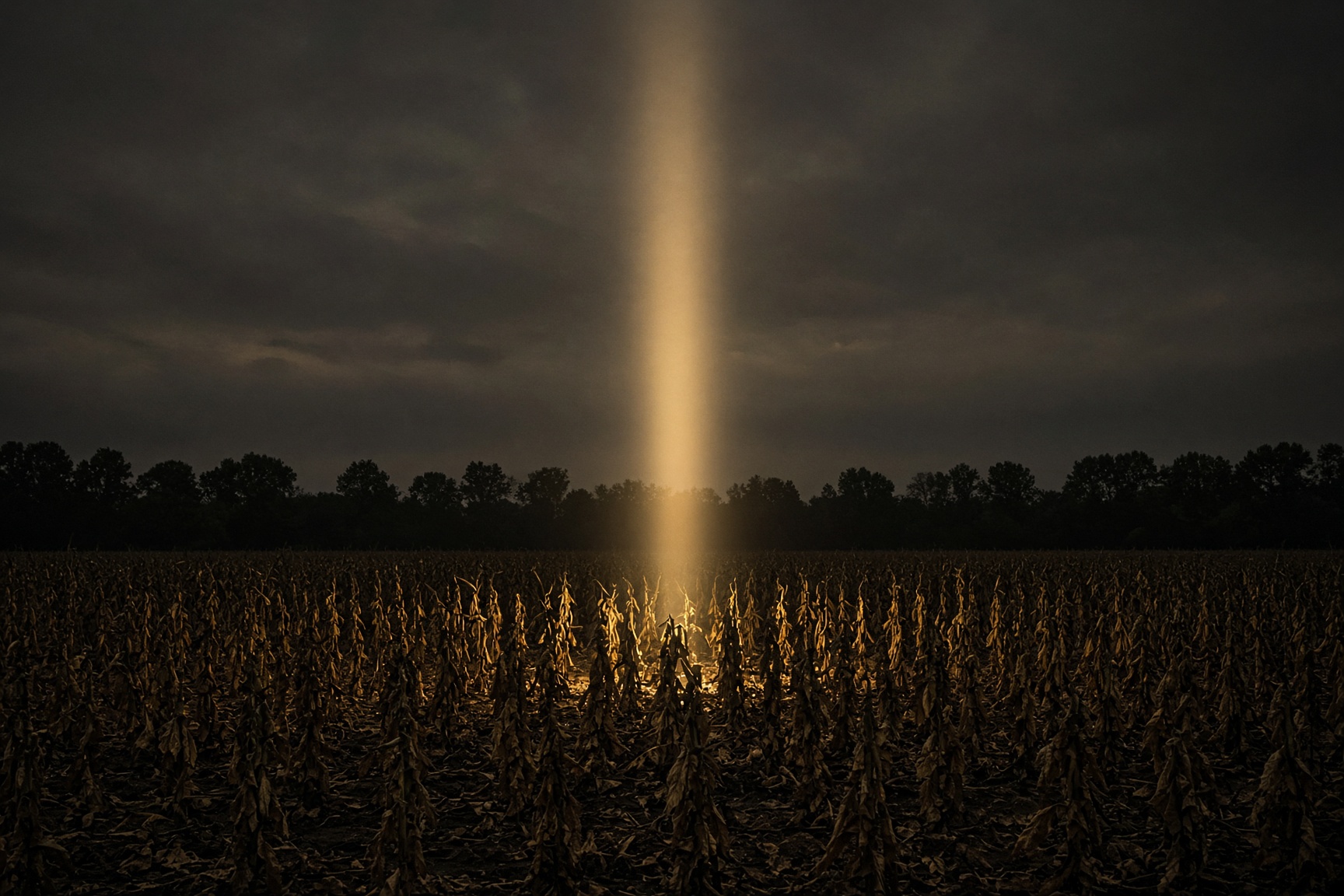 A harvested tobacco field at night with a still column of pale gold light standing among the plants