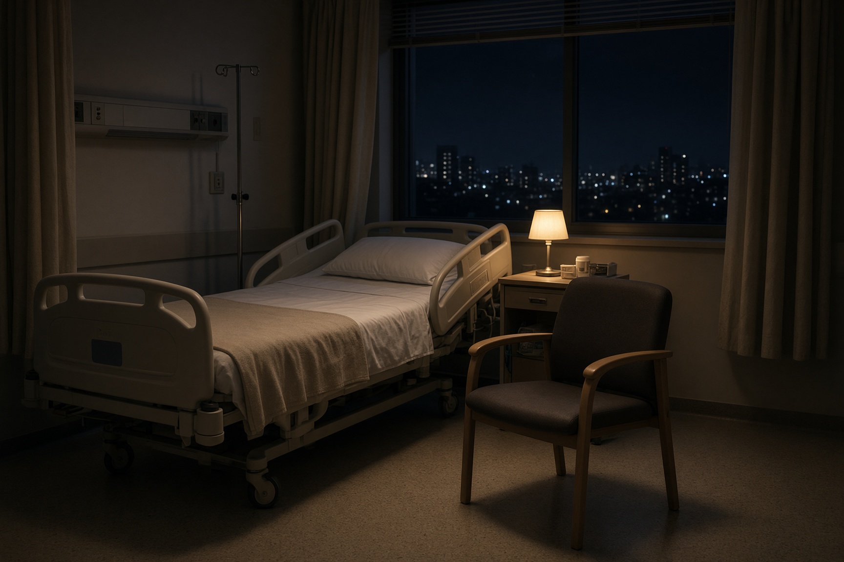 A dim hospital room at night, a visitor’s chair drawn up to the bed in lamplight