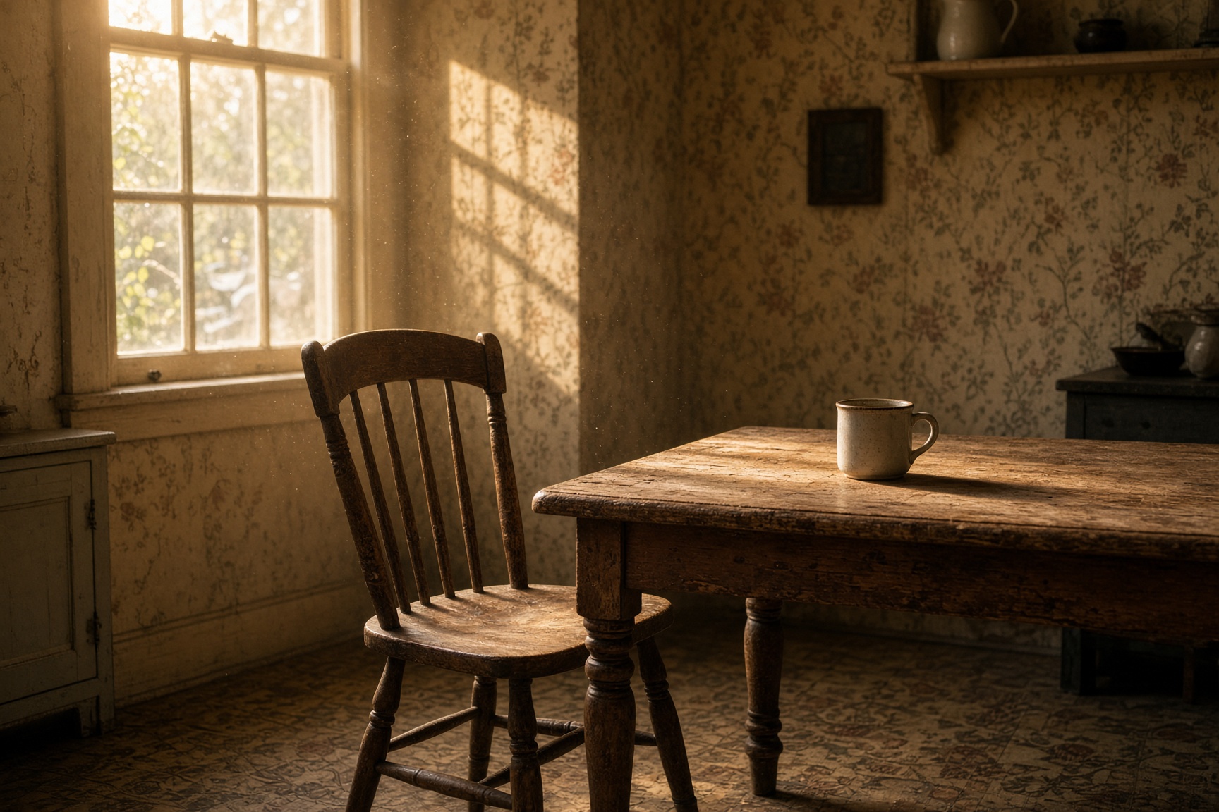 An empty wooden chair pulled back from a farmhouse table in late afternoon light