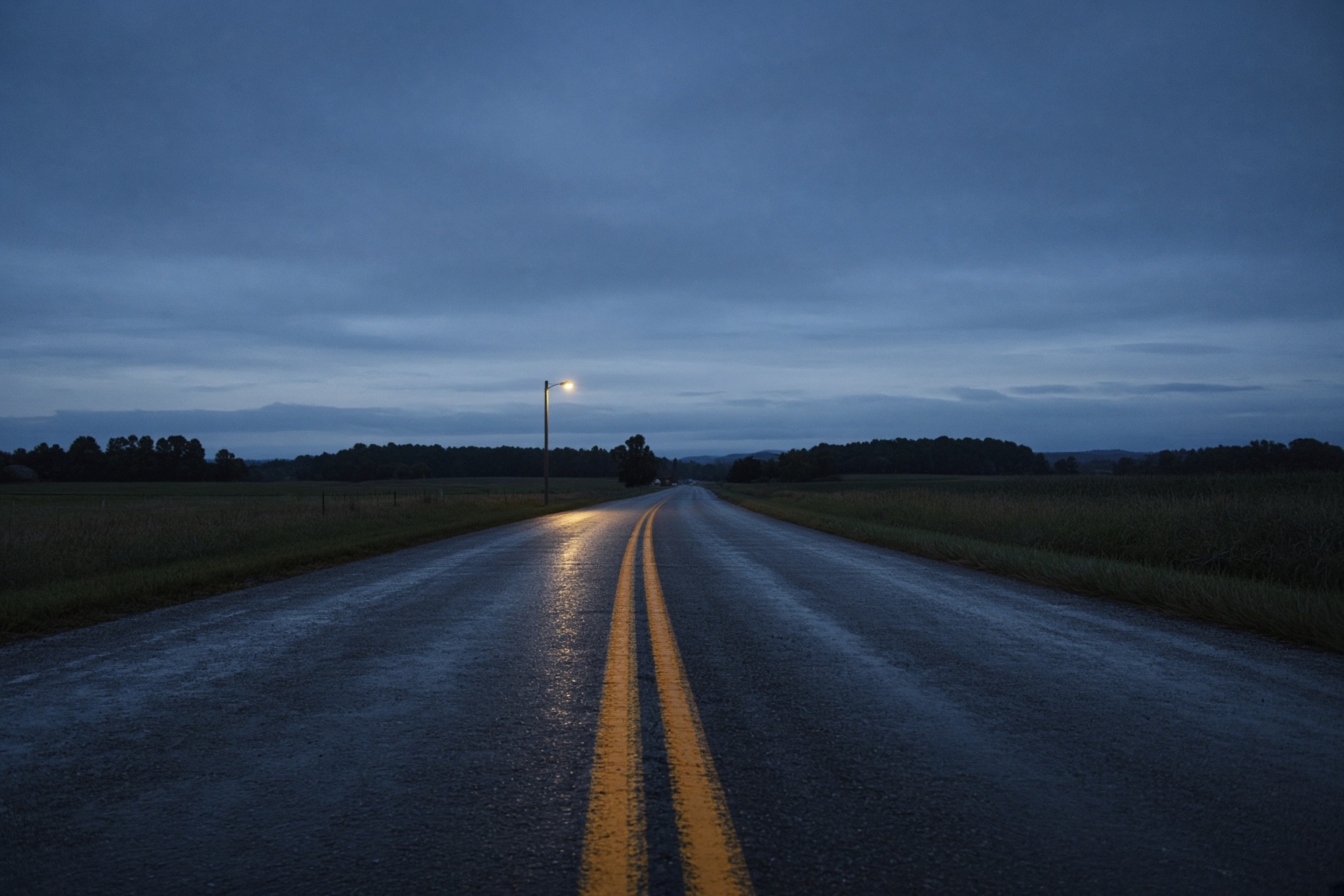 A wet two-lane rural road at blue hour under a single distant streetlamp