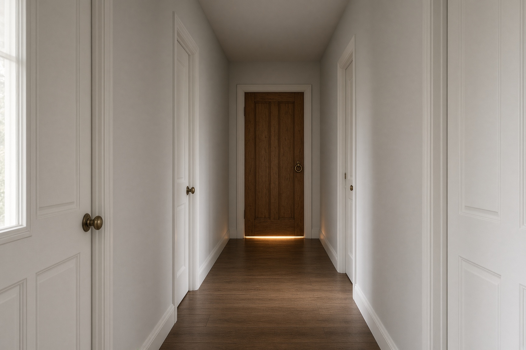 A daylight hallway of ordinary white doors ending in an older wooden door with a thin line of gold light at the threshold